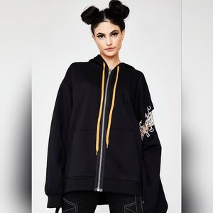 POSTER GIRL | Oversized Cyber Grunge Zip Hoodie - Black/Orange - Chain Sleeve De